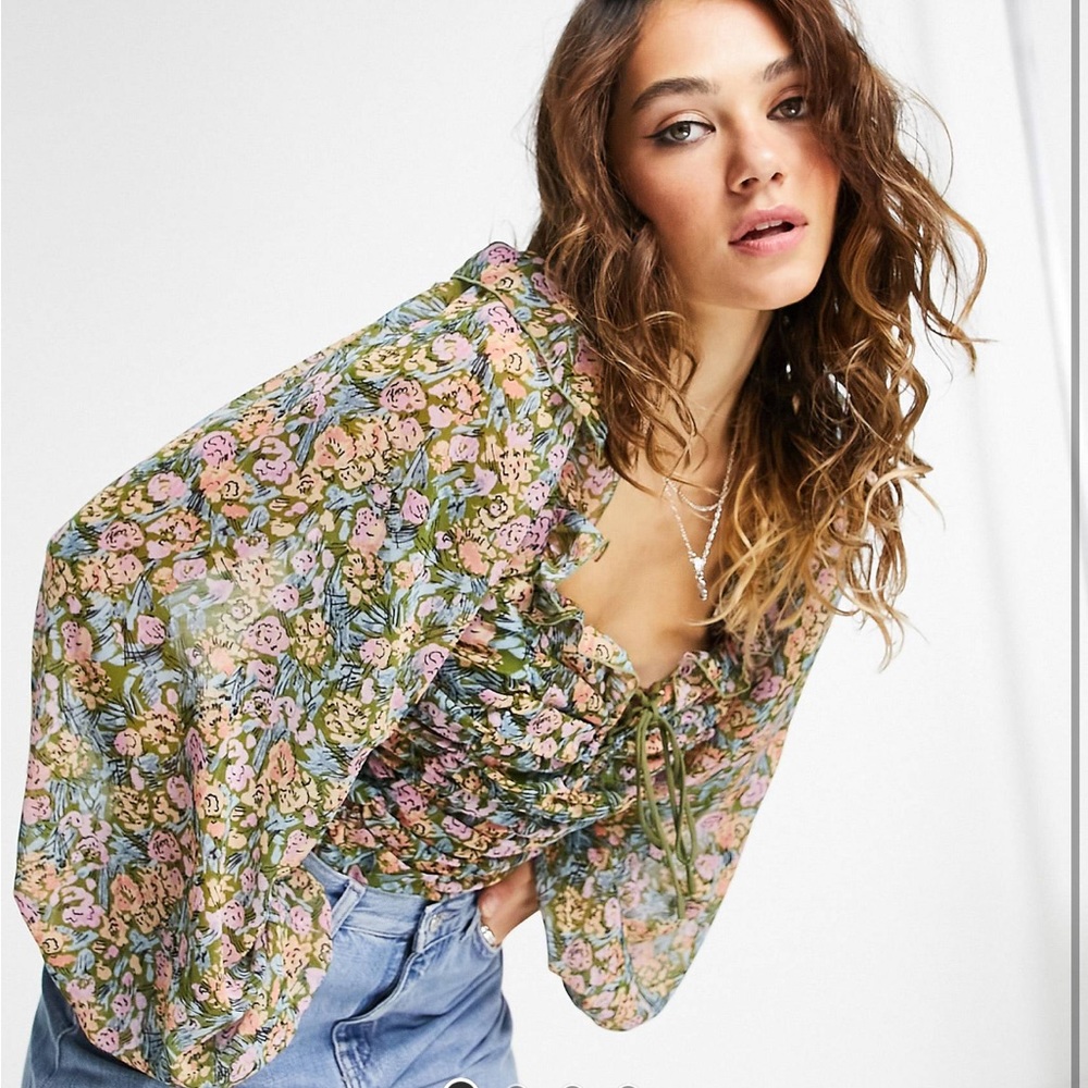 Free People Mabel Print Volume Sleeve Blouse